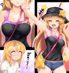  1boy 1girl :d ? ^_^ alternate_costume arm_up armpits bag bangs bare_arms bare_shoulders black_bow black_headwear blonde_hair blush bow braid breasts camisole casual cleavage closed_eyes collarbone commentary_request contemporary cookie_(touhou) cowboy_shot denim denim_shorts eyebrows_visible_through_hair facing_viewer hair_bow hair_ornament handbag head_out_of_frame highres kirisame_marisa long_hair medium_breasts midriff_peek multiple_views open_mouth parted_lips purple_bow rei_(cookie) shirt short_shorts short_sleeves shorts single_braid smile standing star star_hair_ornament suzu_(cookie) tarmo touhou translation_request upper_body white_shirt 