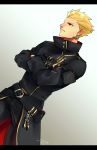  1boy black_jacket blonde_hair crossed_arms dutch_angle earrings fate/grand_order fate_(series) gilgamesh hair_up high_collar jacket jewelry long_coat male_focus nishiyama_(whatsoy) red_eyes smile solo trench_coat 