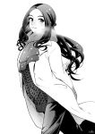  1girl bangs coat fate/grand_order fate_(series) greyscale leonardo_da_vinci_(fate/grand_order) long_hair looking_at_viewer looking_to_the_side monochrome nishiyama_(whatsoy) parted_bangs ponytail scarf smile solo sweater 