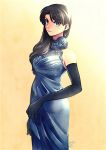  1girl bare_shoulders black_gloves black_hair blue_dress blue_eyes dated dress earrings elbow_gloves fate/stay_night fate_(series) formal gloves hair_down jewelry long_hair nishiyama_(whatsoy) older signature smile solo toosaka_rin 