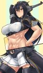  1girl abs arm_up ass_visible_through_thighs black_gloves black_hair brown_eyes clenched_hand commentary_request covered_nipples elbow_gloves gloves hand_on_hip headgear kantai_collection long_hair looking_at_viewer meat_day mikoyan miniskirt muscle muscular_female nagato_(kantai_collection) navel pleated_skirt remodel_(kantai_collection) skirt smile solo thighhighs white_skirt x-ray 