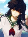  1girl black_hair blue_sky cloud collar day highres higurashi_kagome inuyasha long_hair long_sleeves looking_at_viewer mgmg_1012 open_mouth outdoors sailor_collar school_uniform shaded_face sky solo upper_body yellow_eyes 