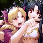  2girls black_hair blonde_hair commentary commentary_request earrings ereshkigal_(fate/grand_order) fate/grand_order fate_(series) hair_ornament hair_ribbon ishtar_(fate)_(all) ishtar_(fate/grand_order) jewelry kyou-chan long_hair meme multiple_girls open_mouth red_eyes ribbon siblings sisters twintails 