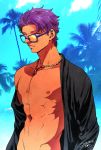 1boy adonis_belt bare_chest cropped_torso dark_skin dark_skinned_male fate/grand_order fate_(series) jacket lancelot_(fate/grand_order) male_focus nishiyama_(whatsoy) open_clothes open_jacket purple_hair short_hair solo sunglasses tan 