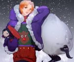  1boy aonogura black_eyes box caster_(fate/zero) character_doll fate/zero fate_(series) fur-trimmed_jacket fur_trim highres hood hooded_jacket jacket male_focus mittens orange_hair red_nose reindeer shoggoth snowing solo sweater tentacles torn_bag uryuu_ryuunosuke winter_clothes 