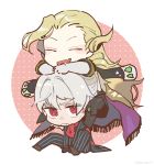  2boys antonio_salieri_(fate/grand_order) black_gloves blonde_hair cape chibi elbow_gloves fang fate/grand_order fate_(series) formal gloves grey_hair grimace hinoe_(right-hnxx03) long_hair male_focus multiple_boys on_head person_on_head pinstripe_suit red_eyes red_scarf scarf silver_hair striped suit very_long_hair white_gloves wolfgang_amadeus_mozart_(fate/grand_order) 