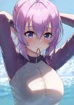  1girl arms_behind_head arms_up bangs blue_sky blush breasts closed_mouth commentary_request fate/grand_order fate_(series) hair_between_eyes hair_tie_in_mouth highres jjeono large_breasts lavender_hair looking_at_viewer mash_kyrielight medium_breasts mouth_hold ocean one-piece_swimsuit purple_eyes raglan_sleeves short_hair sky solo sunlight swimsuit tying_hair upper_body water wet wetsuit zipper 