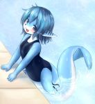  anthro blue_body blue_eyes blue_hair blue_skin blush breasts canid canine clothed clothing female fin fox fully_clothed hair hybrid kemono mammal marine mcsadat merfolk one-piece_swimsuit open_mouth short_hair small_breasts solo swimming_pool swimwear water wet young 