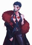  1girl bare_shoulders breasts chest_tattoo cleavage cu_chulainn_(fate)_(all) cu_chulainn_alter_(fate/grand_order) earrings evil_grin evil_smile fate/grand_order fate_(series) fur_trim genderswap genderswap_(mtf) grin jewelry leather leather_pants long_coat long_hair nishiyama_(whatsoy) off_shoulder pants ponytail red_eyes shoulder_tattoo smile solo tattoo vest 