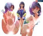  1girl artist_name ass back bangs bare_legs bare_shoulders barefoot black_hair blush breasts closed_mouth collarbone competition_swimsuit covered_navel eyebrows_visible_through_hair from_behind half-closed_eyes hands_in_pockets heavy_breathing highres jacket knees_up leaning_forward light_censor long_hair looking_at_viewer looking_back looking_down lotion_bottle multicolored multicolored_clothes multicolored_jacket multiple_views navel nude off_shoulder one-piece_swimsuit one_piece open_clothes open_jacket open_mouth purple_hair simple_background sitting small_breasts ssss.gridman swimsuit swimsuit_under_clothes sydus takarada_rikka thigh_gap white_background 