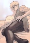  1boy archer ass bare_shoulders bed bespectacled cosplay crossdressing dark_skin dark_skinned_male fate/grand_order fate_(series) glasses legs lying male_focus mash_kyrielight mash_kyrielight_(cosplay) monochrome necktie nishiyama_(whatsoy) on_side pantyhose solo 