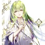  1other androgynous enkidu_(fate/strange_fake) fate/strange_fake fate_(series) green_eyes green_hair highres holding holding_hair koshika_rina logo long_hair robe signature solo wide_sleeves yellow_eyes 