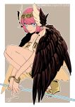  1girl armlet blue_eyes brown_wings circe_(fate/grand_order) circlet fate/grand_order fate_(series) feathered_wings greek_clothes head_wings jewelry necklace nishiyama_(whatsoy) pink_hair platform_footwear pointy_ears smile solo squatting staff wings 