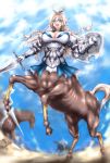  1girl 2others animal_ears armor armored_dress bangs blue_dress blue_eyes blue_sky blurry blurry_background braid breastplate breasts centaur cleavage cloud collarbone commentary_request dress dust_cloud eyebrows_visible_through_hair full_armor full_body gauntlets gloves hair_between_eyes highres hikari_(komitiookami) holding holding_polearm holding_shield holding_sword holding_weapon hooves horse horse_ears horse_tail horseback_riding knight legs_up long_hair looking_at_viewer monster_girl mountainous_horizon multiple_others open_mouth original platinum_blonde_hair polearm riding shield shoulder_armor sidelocks sky solo_focus sunlight sword tail tongue twin_braids upper_teeth weapon white_gloves 