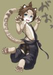  akamu_ver20 anthro barefoot blush brown_hair butt claw_pose cub felid female flat_chested green_background hair hi_res kemono leopard looking_back mammal open_mouth pantherine pawpads rear_view short_hair simple_background solo spats young 