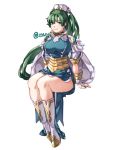  1girl boots cape closed_mouth commentary conope dress earrings english_commentary fire_emblem fire_emblem:_the_blazing_blade fire_emblem_heroes full_body green_eyes green_hair jewelry knee_boots long_hair lyn_(fire_emblem) ponytail short_sleeves simple_background smile solo twitter_username white_background 