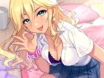  bed blonde_hair blue_eyes blue_skirt breasts cleavage earrings gyaru heart heart_earrings indoors jewelry leaning_forward long_hair medium_breasts necklace on_bed original pillow pink_nails pink_scrunchie pleated_skirt scrunchie shirt skirt slippers_removed tan tongue tongue_out trash_can tsukana_(saba_mizore) white_shirt wrist_scrunchie 