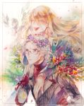  2boys angel antonio_salieri_(fate/grand_order) blonde_hair cheekbones fate/grand_order fate_(series) flower formal frown gloves grey_hair hair_between_eyes hair_down head_wreath hinoe_(right-hnxx03) jewelry long_hair multiple_boys necklace pinstripe_suit red_gloves red_shirt shirt striped suit traditional_media turtleneck very_long_hair watercolor_(medium) wolfgang_amadeus_mozart_(fate/grand_order) 