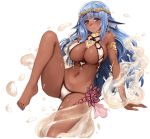  1girl apsara_(monster_girl_encyclopedia) armlet bangs barbariank bare_legs bare_shoulders barefoot blue_hair blunt_bangs blush breasts circlet commentary dancer dark_skin english_commentary feet green_eyes head_fins jewelry knee_up large_breasts long_hair looking_at_viewer monster_girl_encyclopedia navel simple_background smile solo very_long_hair wavy_hair white_background 