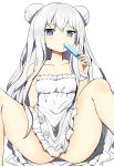  1girl azur_lane bangs bare_shoulders blue_eyes collarbone double_bun dress eyebrows_visible_through_hair food highres holding holding_food le_malin_(azur_lane) le_malin_(the_knight&#039;s_true_nature)_(azur_lane) long_hair looking_at_viewer popsicle silver_hair simple_background sitting solo sparkle spread_legs strapless strapless_dress sundress tonari_(ichinichime_azuma) white_background white_dress 