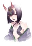  1girl bare_shoulders bob_cut breasts fate/grand_order fate_(series) headpiece japanese_clothes kimono nishiyama_(whatsoy) oni_horns open_clothes open_kimono purple_eyes purple_hair revealing_clothes short_hair shuten_douji_(fate/grand_order) skin-covered_horns small_breasts solo 