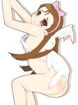  :o armpits arms_up ass backpack bag blush bow brown_hair from_side hair_bow hairband idolmaster idolmaster_(classic) idolmaster_1 kneepits kurappii long_hair looking_at_viewer looking_to_the_side minase_iori nude open_mouth pink_bow red_eyes simple_background solo very_long_hair white_background 