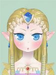  1girl bangs_pinned_back blonde_hair blue_eyes blush commentary_request earrings ebimomo green_background jewelry long_hair looking_at_viewer parted_lips pointy_ears portrait princess_zelda shoulder_armor sidelocks simple_background solo spaulders the_legend_of_zelda the_legend_of_zelda:_twilight_princess tiara 