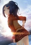  1girl bangs blue_hair blue_sky breasts brown_jacket brown_skirt closed_mouth cloud cloudy_sky commentary_request dutch_angle hair_ornament hand_on_hip heart heart_hair_ornament jacket long_hair long_sleeves looking_at_viewer looking_back love_live! love_live!_sunshine!! matsuura_kanan mountain open_clothes open_jacket outdoors parted_bangs plaid plaid_skirt pleated_skirt polka_dot polka_dot_scrunchie ponytail purple_eyes red_scrunchie sakasa_(guranyto) scrunchie shirt sidelocks skirt sky small_breasts solo sunset unmoving_pattern water white_shirt wrist_scrunchie 