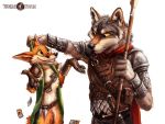  2019 anthro armor bottomless brown_body brown_fur canid canine canis card clothed clothing duo eye_contact fluffy fox fur grin holding_object holding_weapon kenket looking_at_another mammal melee_weapon orange_body orange_fur polearm simple_background smile spear tangletorn trell weapon white_background wolf 