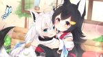  2girls :3 :d animal_ear_fluff animal_ears aqua_eyes bench black_hair blurry bug butterfly calendar_(object) depth_of_field detached_sleeves fang fox_ears fox_girl fox_tail hololive hug insect long_hair looking_at_viewer multiple_girls narucchii ookami_mio open_mouth red_hair shirakami_fubuki smile tail virtual_youtuber white_hair wolf_ears wolf_girl 