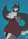 2018 4_fingers anthro areola arm_tuft bell big_areola big_breasts big_penis biped black_areola black_body black_eyebrows black_fur black_hair black_nose black_penis blue_background breast_tuft breasts bulge cheek_tuft chest_tuft cleavage clothed clothing collar digital_drawing_(artwork) digital_media_(artwork) dress eyebrows facial_tuft felid fingers fluffy fluffy_tail foreskin front_view fur genital_outline genitals gradient_background grey_body grey_fur grey_spots gynomorph hair half-closed_eyes half-erect hand_on_breast hi_res holding_breast huge_breasts huge_penis humanoid_penis ineffective_clothing inner_ear_fluff intersex long_tail looking_away mammal multicolored_body multicolored_fur narrowed_eyes nipple_outline open_mouth pantherine penis penis_outline pinup pose red_clothing red_eyes red_topwear sarki sarki_(character) short_hair signature simple_background snow_leopard solo spots spotted_body spotted_fur standing teeth text three-quarter_view topwear tuft vein veiny_penis white_body white_fur white_text 