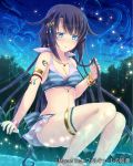  1girl bangs barefoot black_hair blue_bikini_top blue_eyes blue_sky blurry blurry_background blush bracelet breasts cleavage collarbone earrings eyebrows_visible_through_hair falkyrie_no_monshou floating_hair hair_between_eyes hair_ornament hair_twirling halterneck heart jewelry long_hair looking_down medium_breasts miniskirt necklace night outdoors sitting skirt sky solo soukuu_kizuna striped_bikini_top thighlet very_long_hair white_skirt 