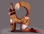  anthro breasts brown_body brown_fur canid canine canis clothed clothing doomthewolf female fur glowing jackal looking_back mammal pink_nose solo topless yellow_eyes 