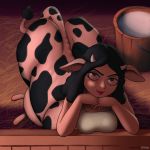  1:1 black_hair bovid bovine breasts cattle clothed clothing dotoro_(artist) female hair horn looking_up mammal solo taur teats udders 