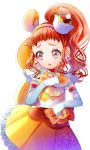  1girl absurdres animal_ears arisugawa_himari brown_eyes capelet choker collarbone cowboy_shot cure_custard earrings elbow_gloves frilled_skirt frills gloves hairband hat high_ponytail highres jewelry kirakira_precure_a_la_mode long_hair mini_hat miniskirt open_mouth orange_hair pink_hairband pleated_skirt precure raccoon_ears raccoon_girl raccoon_tail shiny shiny_hair side_ponytail simple_background skirt solo standing tail white_background white_gloves yellow_skirt yuutarou_(fukiiincho) 