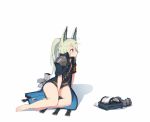  1girl animal_ears arknights barefoot blonde_hair boots_removed ce-_-3 coat grani_(arknights) horse_ears horse_tail overcoat pauldrons ponytail purple_eyes sitting solo tail yokozuwari 