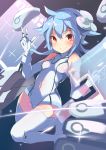  1girl absurdres arm_up blanc blue_hair boots breasts cameltoe commentary_request covered_navel elbow_gloves gloves highres leotard neptune_(series) papion red_eyes short_hair small_breasts smile solo thigh_boots thighhighs v white_gloves white_heart white_legwear white_leotard 