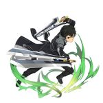  1boy bangs black_coat black_eyes black_footwear black_gloves black_hair black_pants closed_mouth dual_wielding fingerless_gloves gloves highres holding holding_sword holding_weapon kirito_(sao-alo) long_sleeves looking_at_viewer male_focus official_art pants shiny shiny_hair smile solo sword sword_art_online transparent_background weapon 