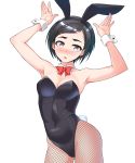  1girl animal_ears black_hair black_leotard bow bowtie breasts bunny_ears bunny_girl bunny_pose bunny_tail bunnysuit cleavage cowboy_shot detached_collar fishnet_legwear fishnets hair_ornament hairclip highres idolmaster idolmaster_cinderella_girls leotard looking_at_viewer matsuo_chizuru medium_breasts pantyhose red_neckwear shirota_mizuki short_hair simple_background solo strapless strapless_leotard tail white_background wrist_cuffs 