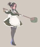  1girl apron black_footwear broom brown_hair closed_mouth commentary_request concealed_sword concealed_weapon dress gloves green_dress green_eyes grey_background grey_legwear hair_bun high_heels highres holding holding_broom holding_sword holding_weapon katana long_sleeves maid maid_apron maid_headdress nagisa_kurousagi original ribbed_legwear sheath simple_background solo sword thighhighs two-handed unsheathing waist_apron weapon white_gloves 