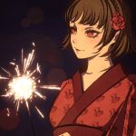  1girl bangs braid brown_hair closed_mouth collarbone crown_braid flower hair_flower hair_ornament japanese_clothes kimono lens_flare moshimoshibe niijima_makoto persona persona_5 print_kimono red_eyes red_flower red_kimono red_rose rose short_hair smile solo upper_body 