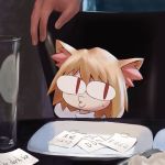  animal_ears blonde_hair cat_ears chair commentary_request english_text fate/grand_order fate_(series) fur glasses hands head_tilt kyou-chan looking_to_the_side medium_hair meme nekoarc nervous notes o3o paper plate red_eyes sweat sweatdrop table tagme translation_request whistle woman_yelling_at_cat 