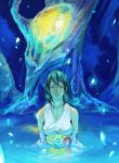  1girl albr blue_eyes breasts brown_hair closed_mouth detached_sleeves final_fantasy final_fantasy_x green_eyes hair_ornament heterochromia japanese_clothes lake looking_at_viewer medium_breasts short_hair smile solo yuna_(ff10) 