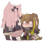  2girls animal_ears blank_eyes blush brown_hair cat_ears cat_tail chibi dog_ears dog_tail english_commentary eyebrows_visible_through_hair fingerless_gloves girls_frontline gloves green_hair headphones jacket long_hair m4a1_(girls_frontline) multicolored_hair multiple_girls pink_hair simple_background sitting st_ar-15_(girls_frontline) streaked_hair tail tearing_up two-tone_hair white_background yuutama2804 