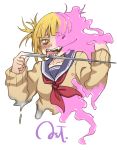  1girl blonde_hair blush boku_no_hero_academia brown_eyes crossover ditto furrowed_eyebrows fusion gen_1_pokemon highres jiete looking_at_viewer open_mouth pokemon power_connection sharp_teeth simple_background solo t-1000 teeth terminator toga_himiko tongue tongue_out upper_body white_background 