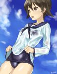  1girl black_neckwear blue_sailor_collar blue_sky blue_swimsuit brown_eyes brown_hair cloud day fankupl highres miyafuji_yoshika neckerchief no_pants outdoors sailor_collar sailor_shirt school_swimsuit school_uniform see-through shirt shirt_lift sky solo strike_witches swimsuit wet wet_clothes wet_swimsuit world_witches_series 