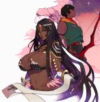  1boy 1girl absurdres arash_(fate) belt black_hair bow_(weapon) breasts circlet cleavage commentary dark_skin ennuigrl fate/grand_order fate_(series) green_eyes highres huge_breasts lips long_hair navel scheherazade_(fate/grand_order) scroll short_hair star star_(sky) very_long_hair weapon 