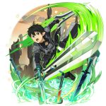  1boy alternate_hairstyle bangs black_coat black_eyes black_gloves black_hair black_pants dual_wielding fingerless_gloves gloves hair_between_eyes highres holding holding_sword holding_weapon kirito_(sao-alo) long_sleeves male_focus official_art open_mouth pants pointy_ears shiny shiny_hair solo sword sword_art_online transparent_background weapon 