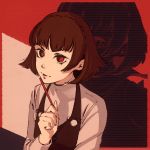  1girl absurdres bangs braid brown_hair crown_braid grey_shirt highres holding holding_pencil huge_filesize long_sleeves looking_at_viewer moshimoshibe niijima_makoto parted_lips pencil persona persona_5 red_eyes shirt short_hair solo upper_body 