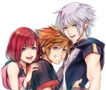  1girl 2boys blue_eyes brown_hair commentary_request green_eyes jewelry kairi_(kingdom_hearts) kingdom_hearts kingdom_hearts_iii looking_at_viewer medium_hair mim_(mimya0600) multiple_boys open_mouth red_hair riku silver_hair simple_background smile sora_(kingdom_hearts) spiked_hair white_background 